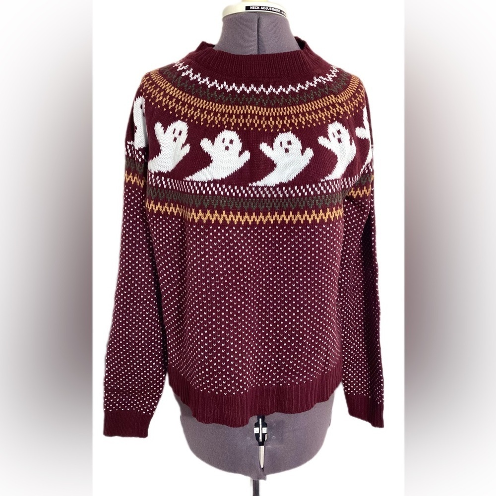 Fair Isle Halloween Colorful Knit Ghost Sweater Size L Preppy Autumn Fall Soft